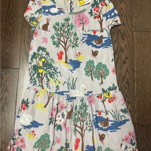 Mini Boden Cream Dress with Blue, Green, Pink & Yellow Woodland Scene size 5/6